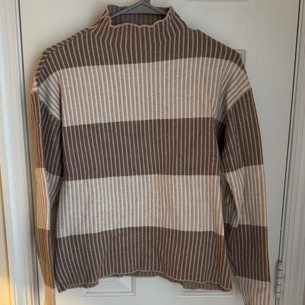Adrienne Vittadini Brown and Cream Striped Turtleneck Sweater